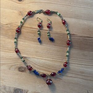 Elegant Red and Blue Beaded Necklace and Earring Set